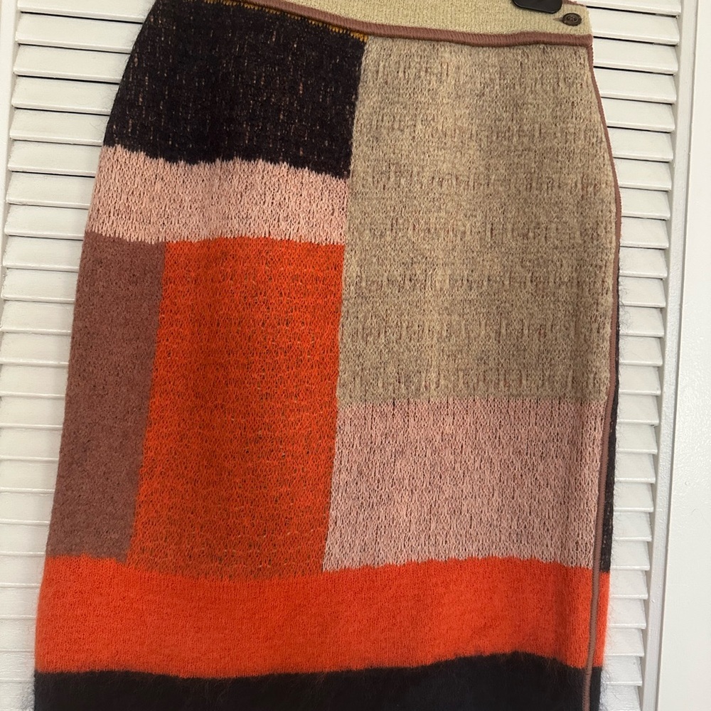 Missoni Colorblock Knit Midi Skirt in Orange, Pink and Beige with Black Accents